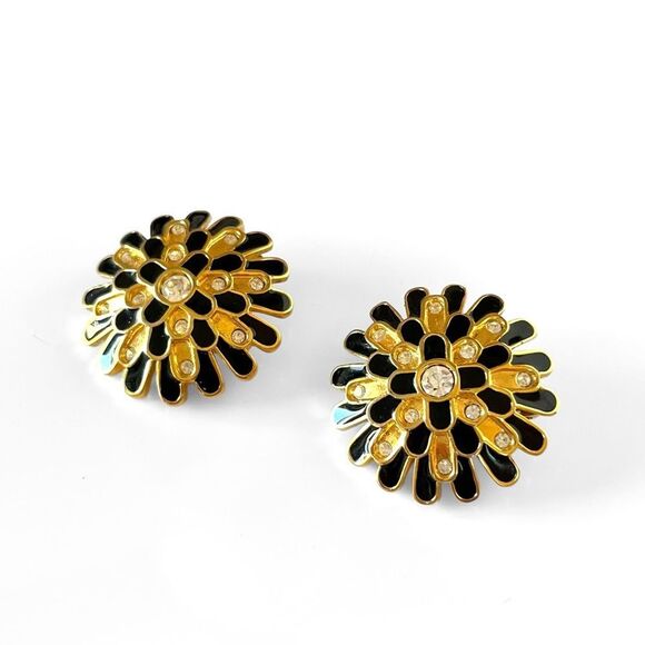 Vintage Swarovski Gold Enamel Crystal Sunburst Earrings - Picture 2 of 6